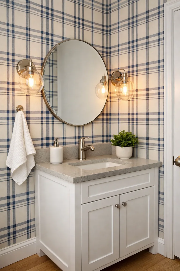A small bathroom with navy-and-ivory plaid wallpaper, a white vanity with a gray countertop, a round mirror, and globe sconces beside the mirror.