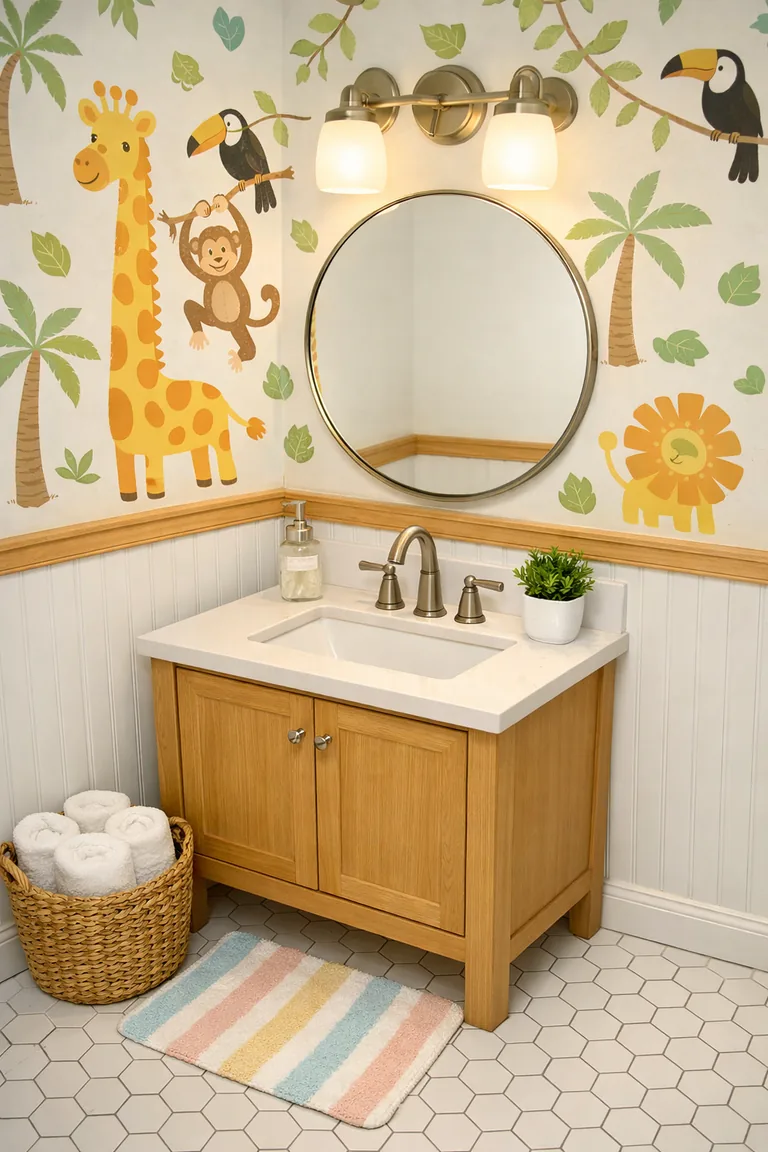 A kids’ bathroom with colorful jungle animal wallpaper above white beadboard, a light oak vanity with a white countertop, a round mirror, brushed nickel fixtures, white hex tile flooring, and a pastel striped bath mat.