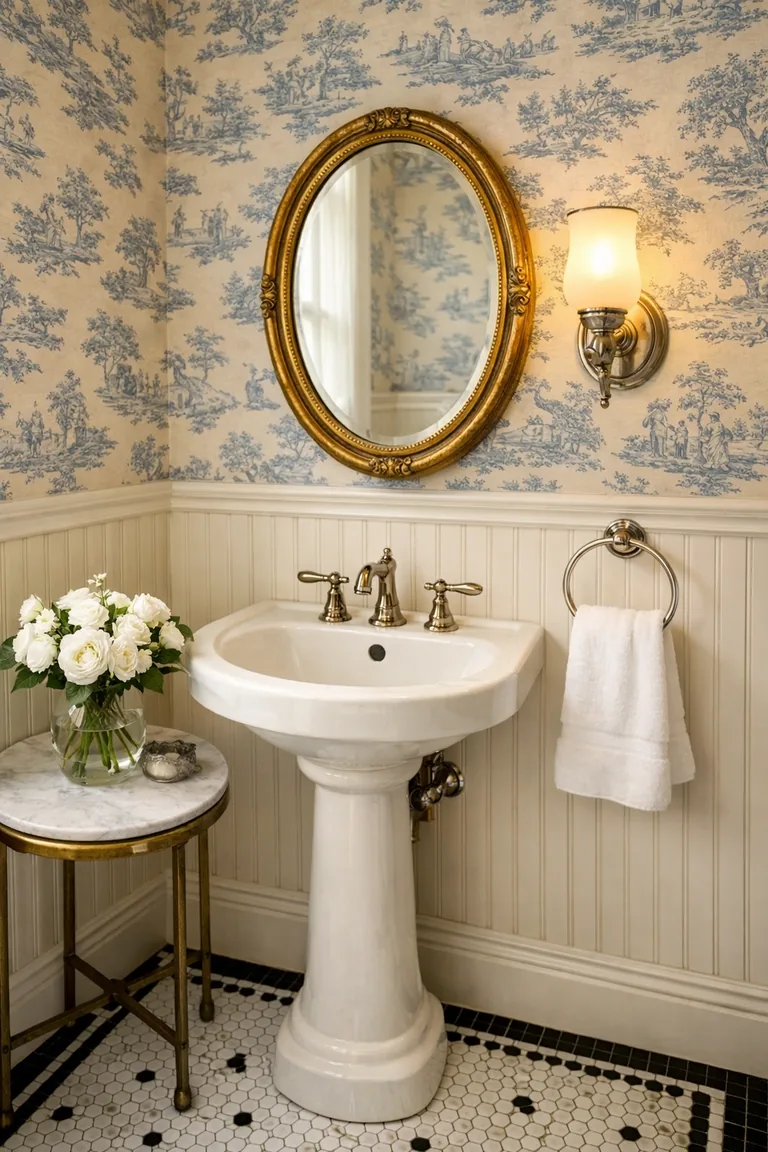 A vintage-style powder room with soft blue toile wallpaper, white beadboard wainscoting, a pedestal sink, oval gold mirror, warm wall sconce, and black-and-white mosaic tile floor.