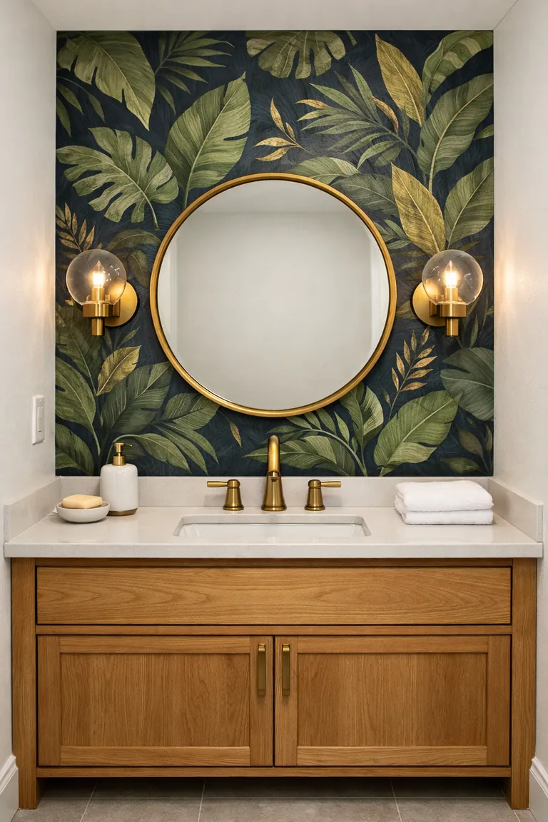 A bathroom vanity wall with bold navy botanical wallpaper, a round brass mirror, a white oak vanity with a quartz top, and brass fixtures under warm lighting.