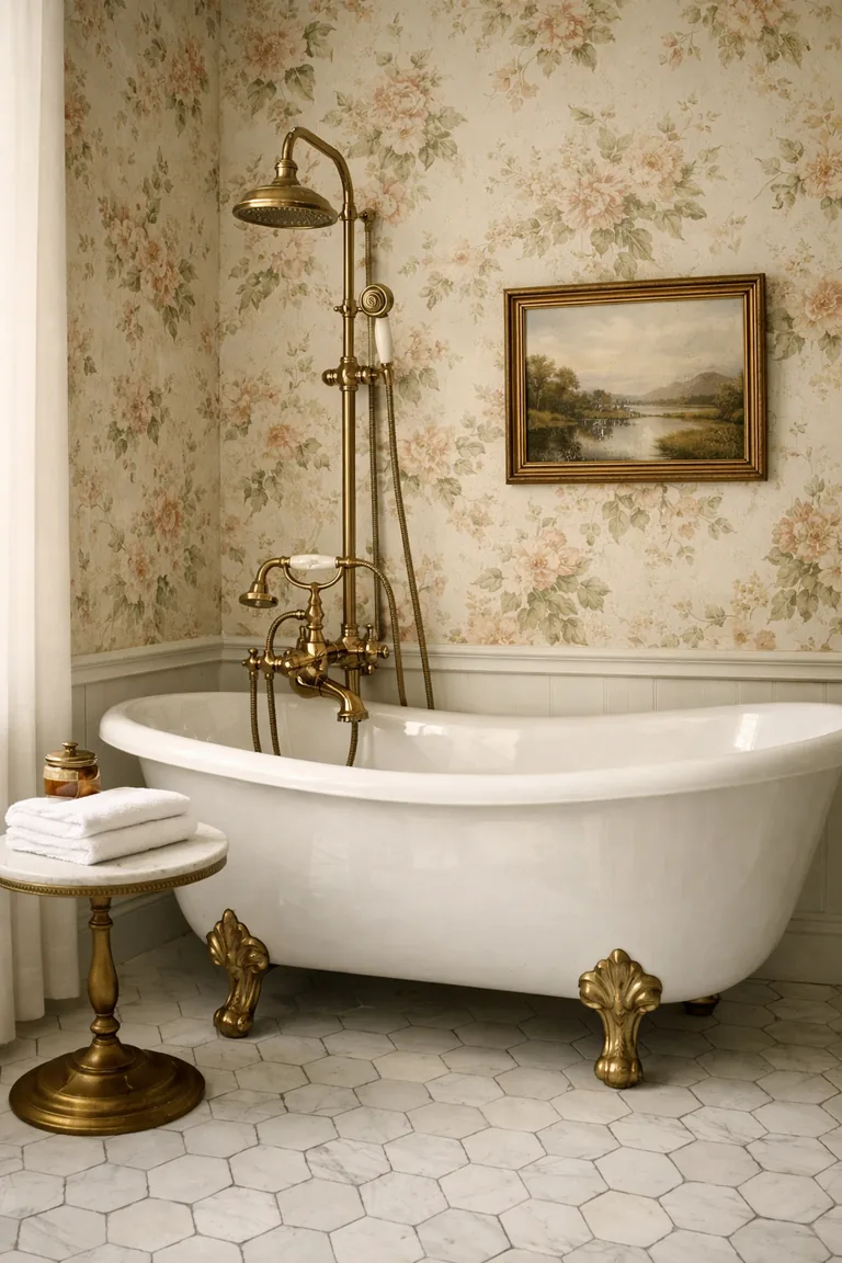 A white clawfoot bathtub with antique brass fixtures sits against muted floral wallpaper, with a marble tile floor and a small side table holding a towel and amber jar.