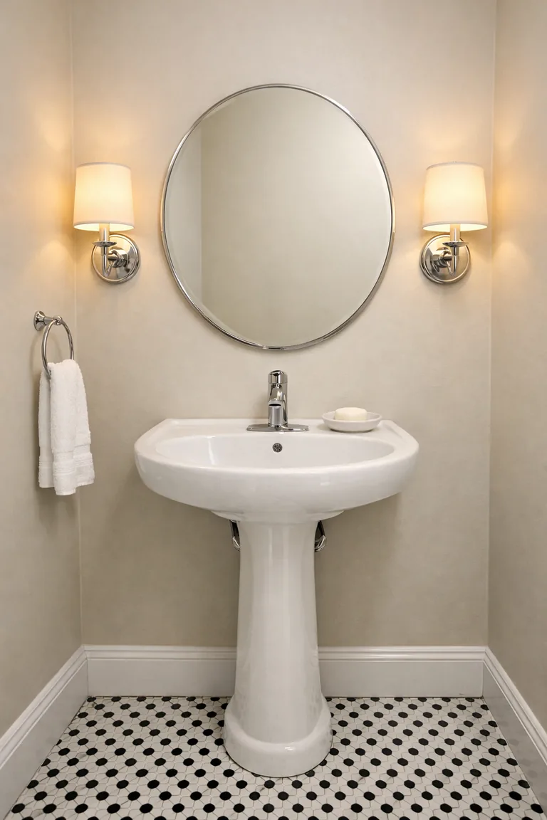A small powder room with a white porcelain pedestal sink, chrome faucet, round frameless mirror, twin wall sconces, pale greige walls, and a black-and-white hex tile floor.