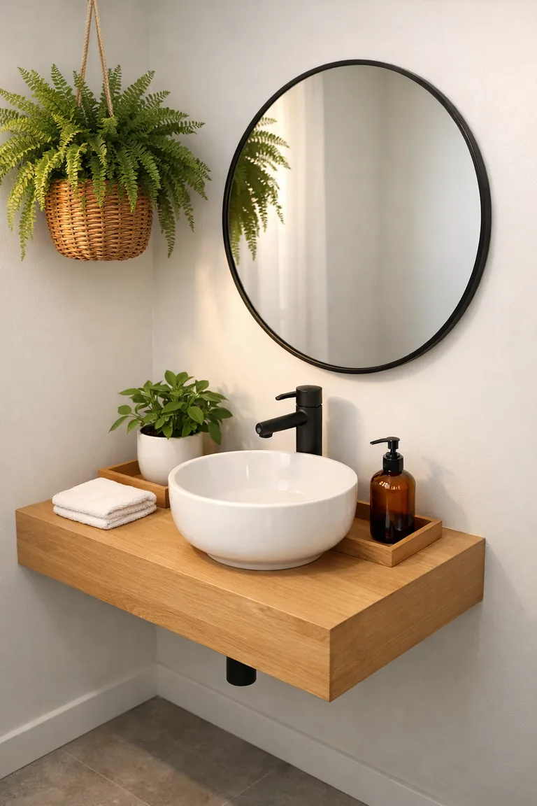 Small powder room corner with a light oak floating vanity, white vessel sink, matte black faucet, round mirror, a small potted plant on the counter, and a hanging fern in a rattan planter.