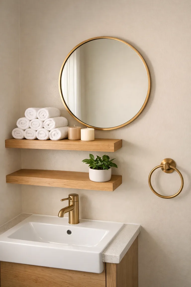 Two light oak floating shelves above a compact white wall-mounted sink, styled with rolled white towels, ceramic candles, and a small potted plant beside a round brass-framed mirror.