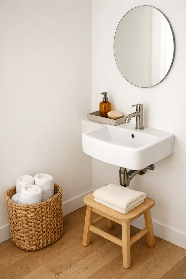 A small powder room with a wall-mounted white sink, round mirror, wooden stool with a folded towel, a woven rattan basket with rolled towels, and a gray stone tray on the sink.