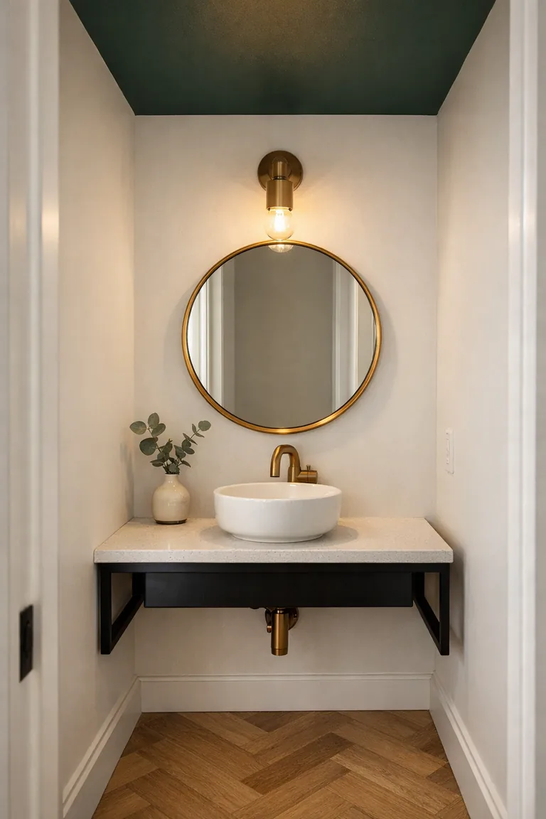 Small powder room with white walls, a deep forest-green painted ceiling, a black wall-mounted vanity with a white top, a round brass mirror, and warm brass lighting over a light oak herringbone floor.