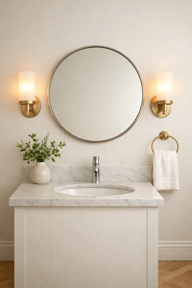 A round mirror above a white marble vanity with two matching brushed brass sconces lit on either side, set against a warm white wall and light oak herringbone floor.