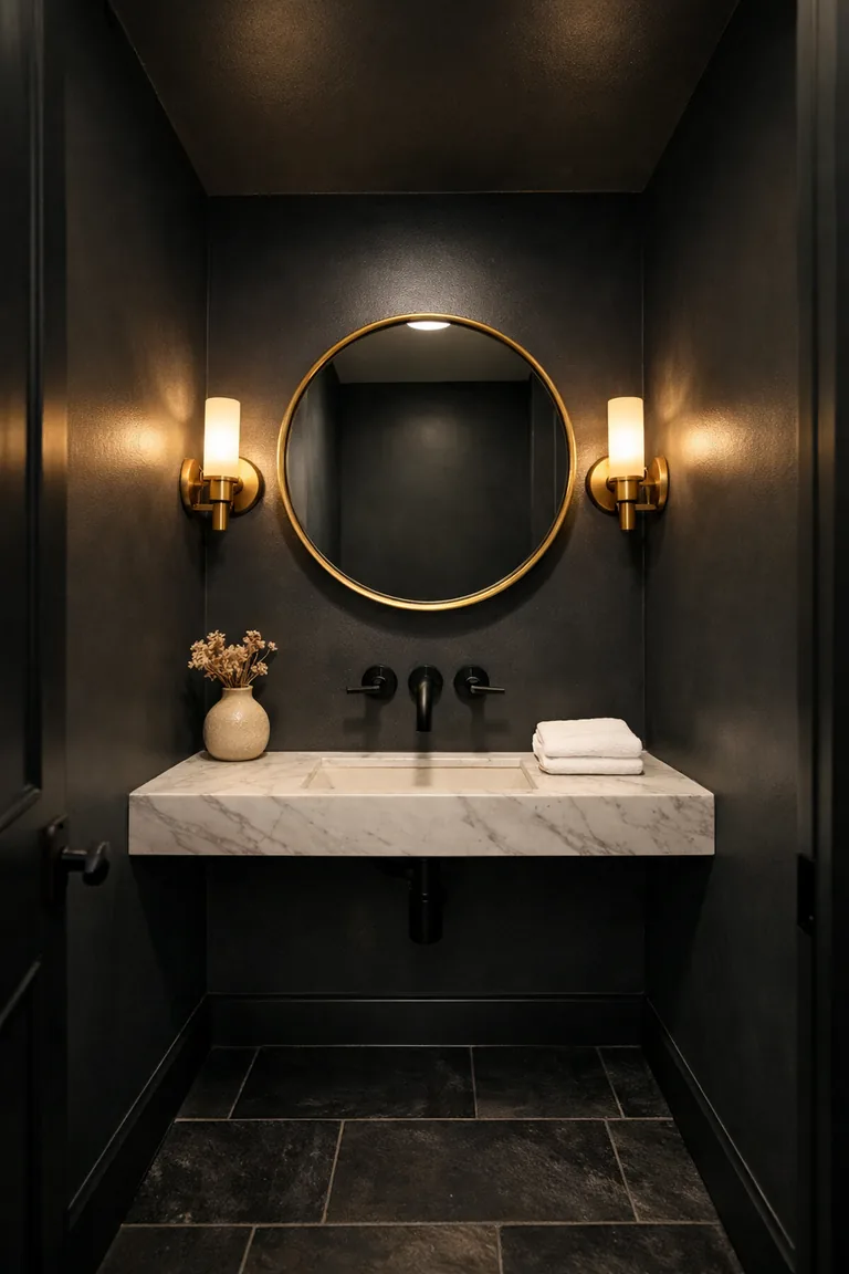 Small powder room with dark charcoal walls and ceiling, a white marble floating vanity with a matte black faucet, a round brass-framed mirror, warm brass wall sconce lighting, and a dark slate tile floor.
