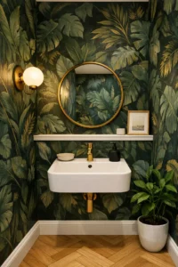 Small powder room with dark emerald jungle-print wallpaper, a white wall-mounted sink with a brass faucet, a round brass-framed mirror, warm globe sconce lighting, and light oak herringbone flooring.