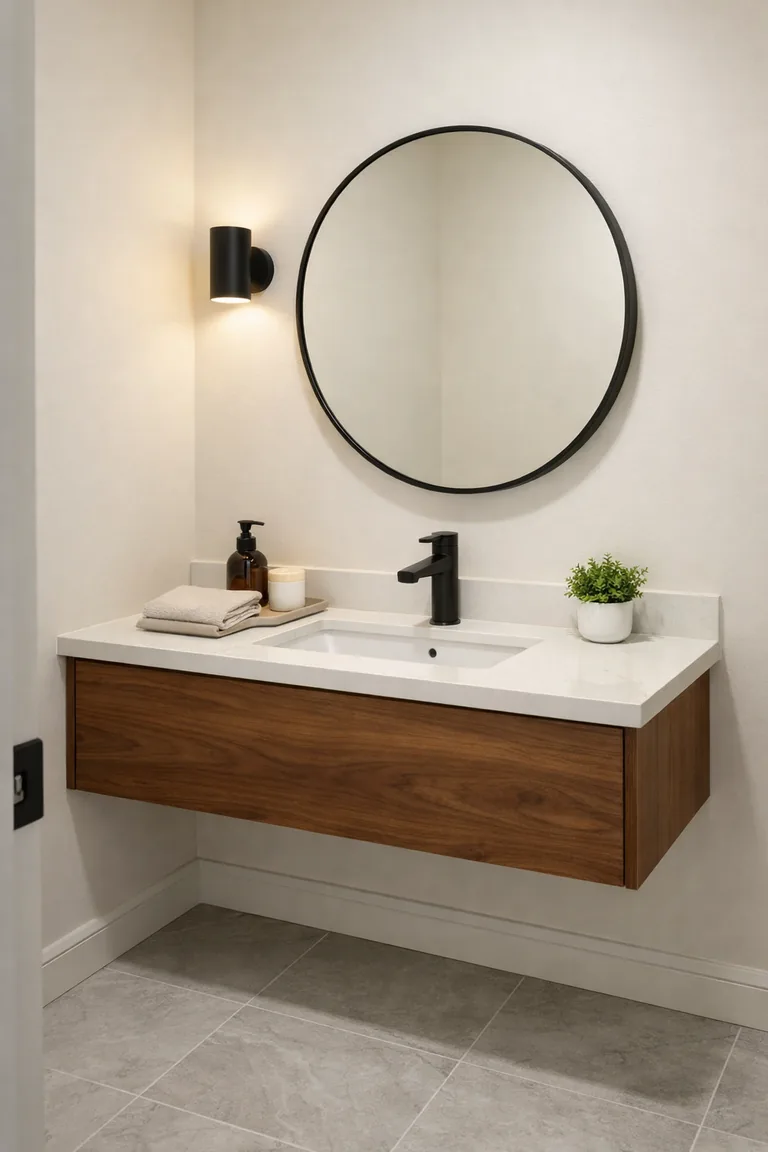 A small powder room with a walnut floating vanity, white countertop and undermount sink, round mirror, matte black faucet, warm wall sconce, and light gray tile floor.