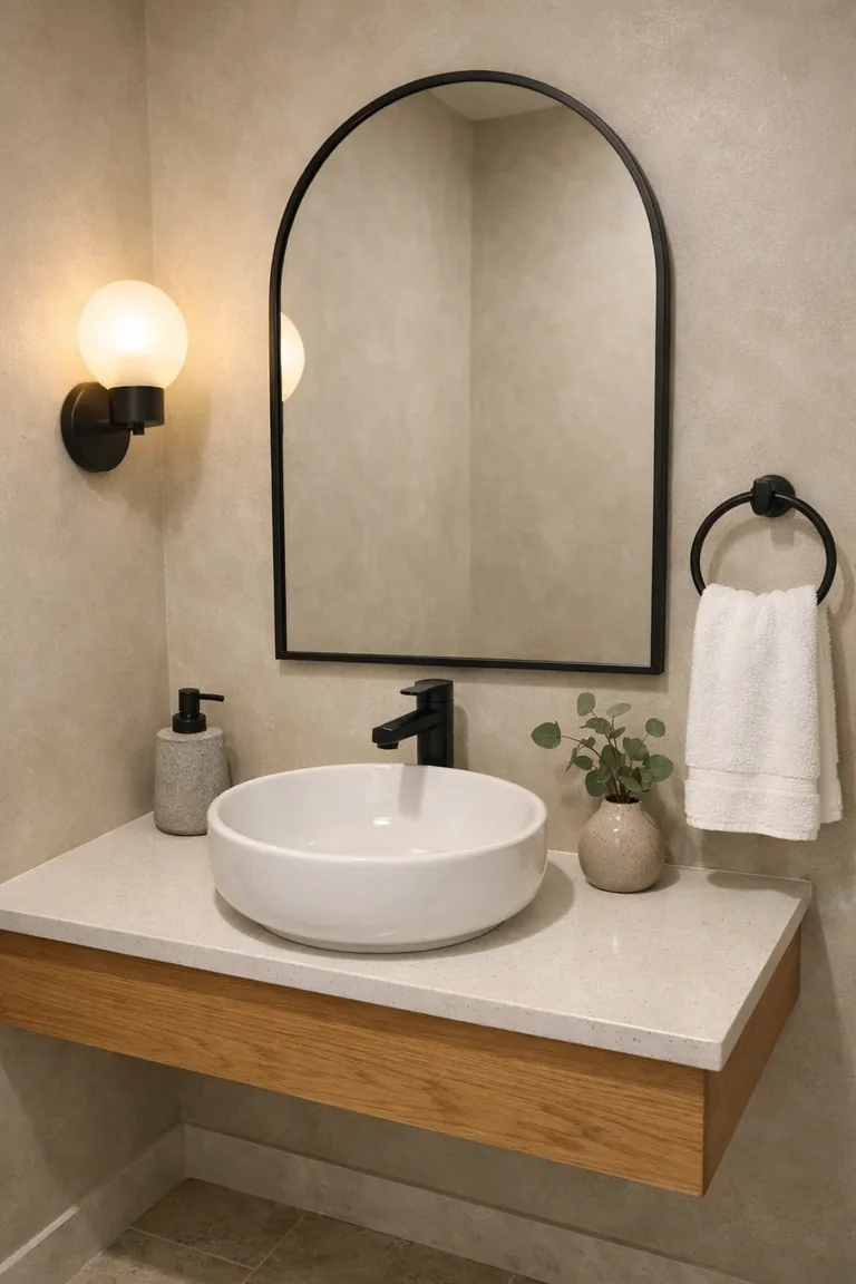 A small powder room vanity with a round white vessel sink on a light oak floating cabinet, a matte black faucet, an arched black-framed mirror, and a warm wall sconce on greige walls.