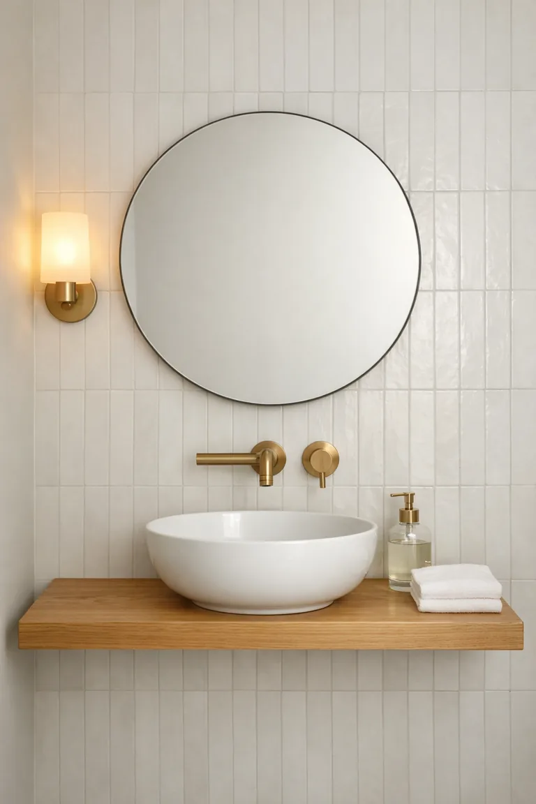 A white vessel sink on a slim light-oak floating vanity with a brushed brass wall-mounted faucet, round frameless mirror, and white vertical zellige tile.