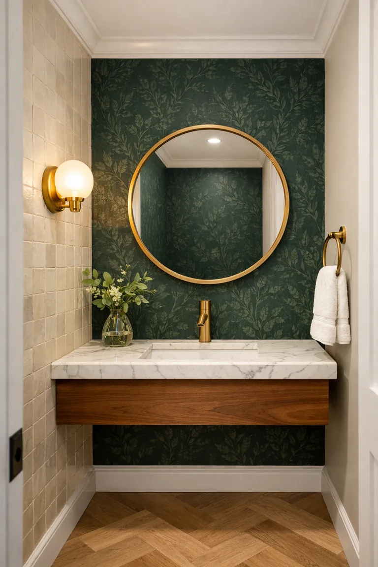 Small powder room with a floating walnut vanity, white marble countertop, brass faucet, round brass mirror, emerald botanical wallpaper, ivory handmade-style tile, warm globe sconce, and light oak herringbone floor.