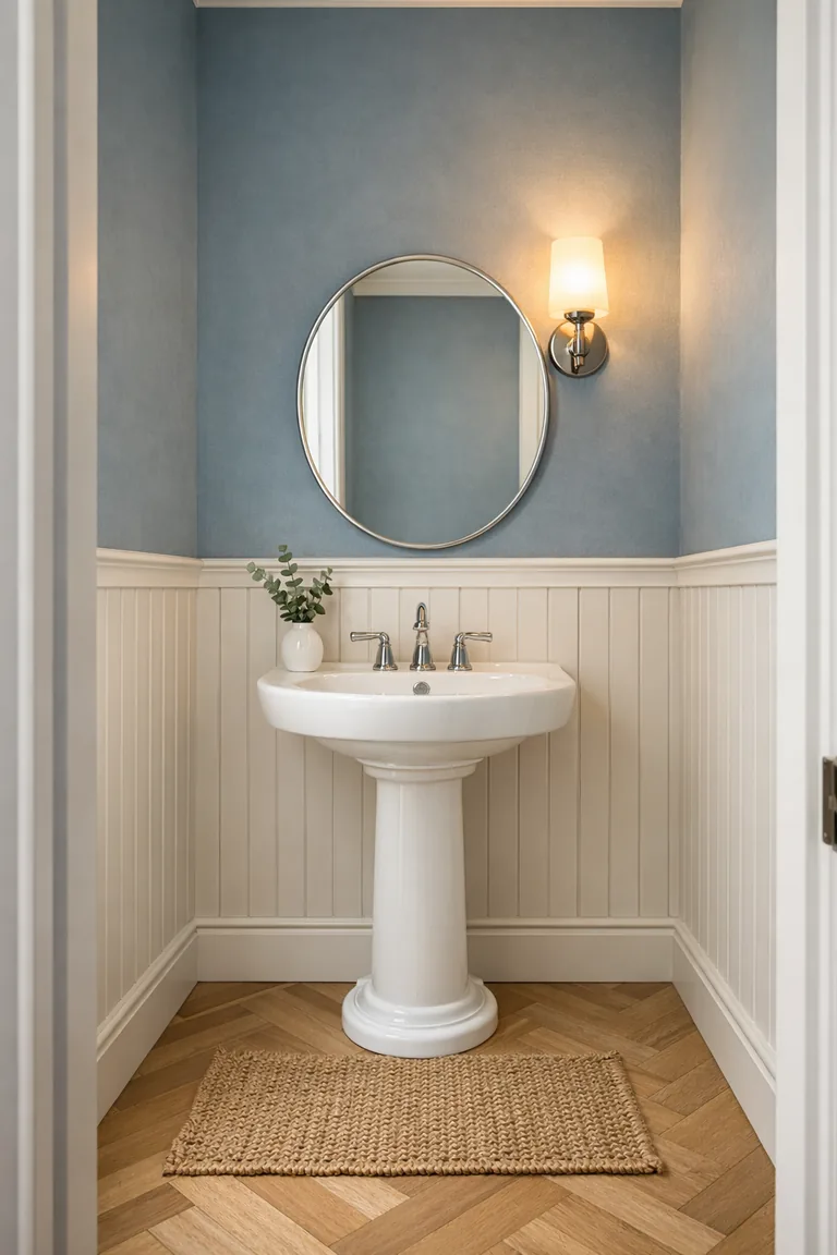 A small powder room with soft white vertical wall paneling, muted dusty blue upper walls, a white pedestal sink with chrome faucet, a round mirror, and a warm wall sconce above light oak herringbone flooring.