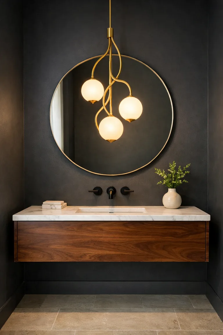 A small powder room with a floating walnut vanity, white marble countertop, round frameless mirror, and a sculptural brass pendant with opal globes against deep charcoal walls.