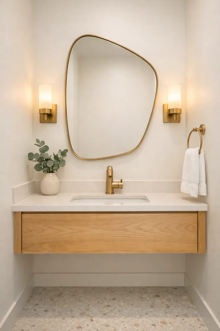 A small powder room vanity with a large asymmetrical brass-framed mirror, warm wall sconces, a white oak floating vanity, and a light terrazzo floor.