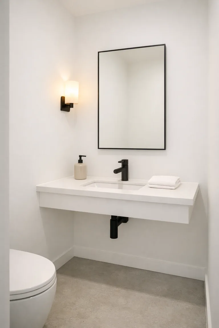 Minimalist small powder room with a wall-mounted white vanity, thin black-framed mirror, matte black faucet, warm wall sconce, and an uncluttered counter with a soap dispenser and folded towel.