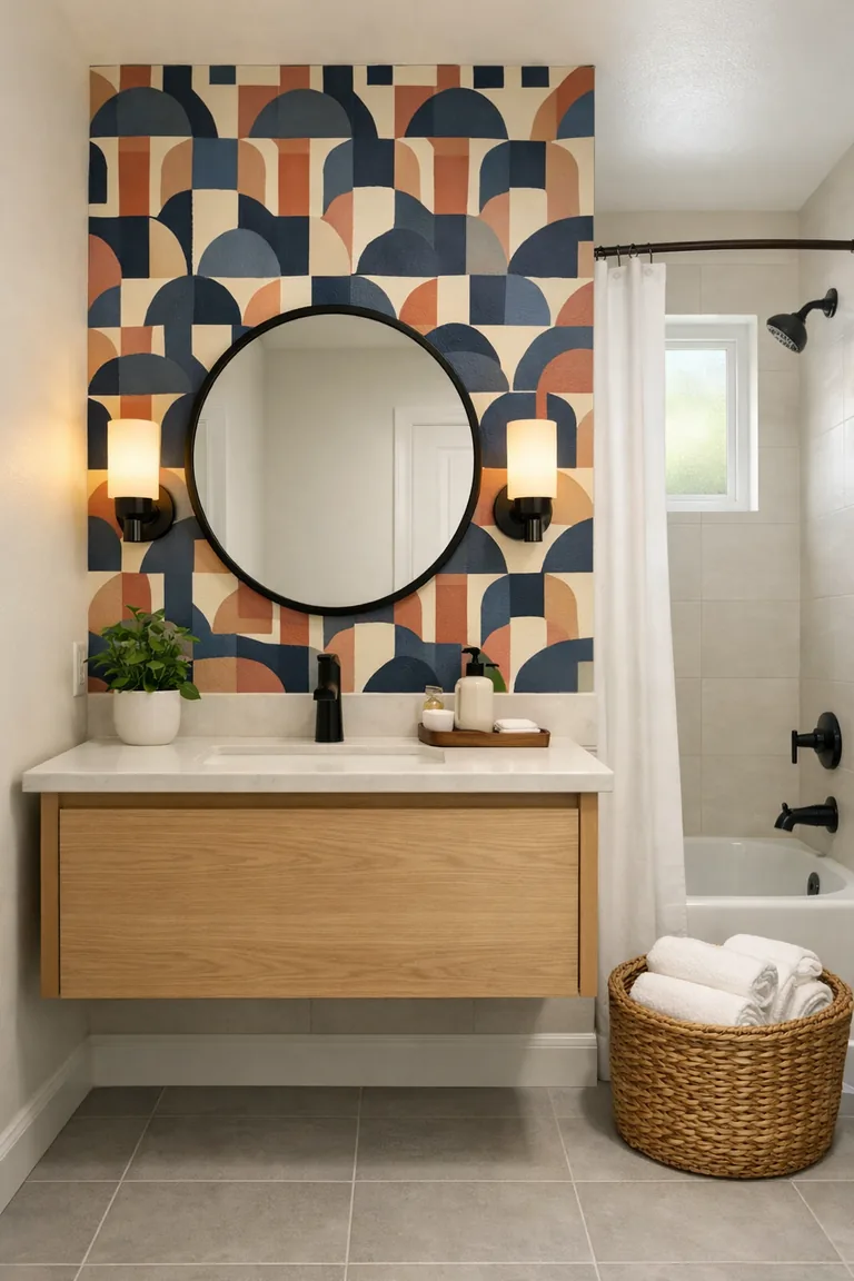 A small bathroom with a navy, cream, and terracotta geometric wallpaper accent wall behind a light oak floating vanity with a round black-framed mirror and matte black faucet.
