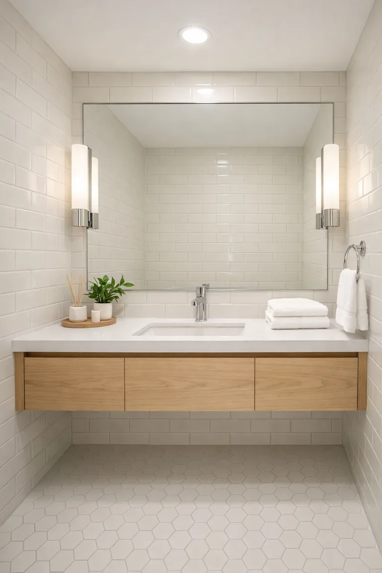 Small windowless bathroom with warm-white tile, a floating white oak vanity, a large frameless mirror, chrome faucet, and frosted-glass sconces with recessed ceiling lighting.
