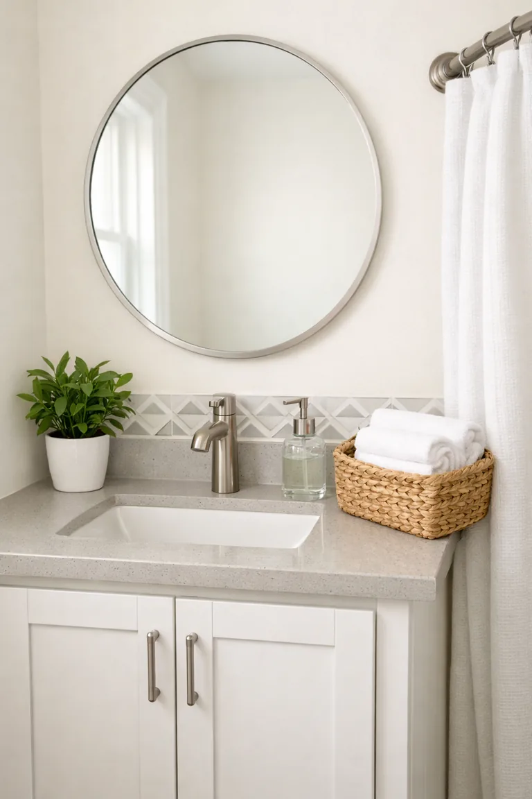 Small white vanity with a brushed nickel faucet, round frameless mirror, warm white walls, a light gray geometric tile accent strip, and a white shower curtain on a curved rod.