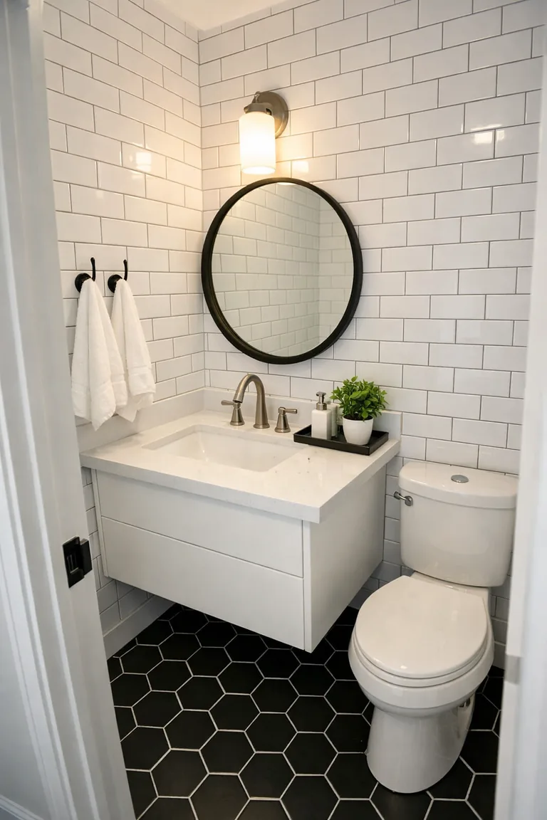 Small bathroom with white subway tile walls, black hex tile floor, a white floating vanity with a round black-framed mirror, warm wall sconce lighting, and minimal black-and-white accessories.