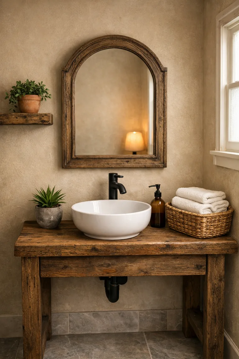 Small rustic bathroom with a reclaimed wood vanity, white vessel sink, matte black faucet, and a weathered wood-framed arched mirror, styled with potted plants and neutral accessories.