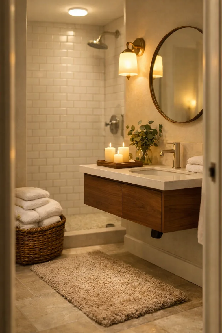 Small bathroom with warm lighting, a walnut floating vanity with white countertop, round mirror, plush towels in a wicker basket, an oatmeal bath rug, and lit ivory candles beside eucalyptus.