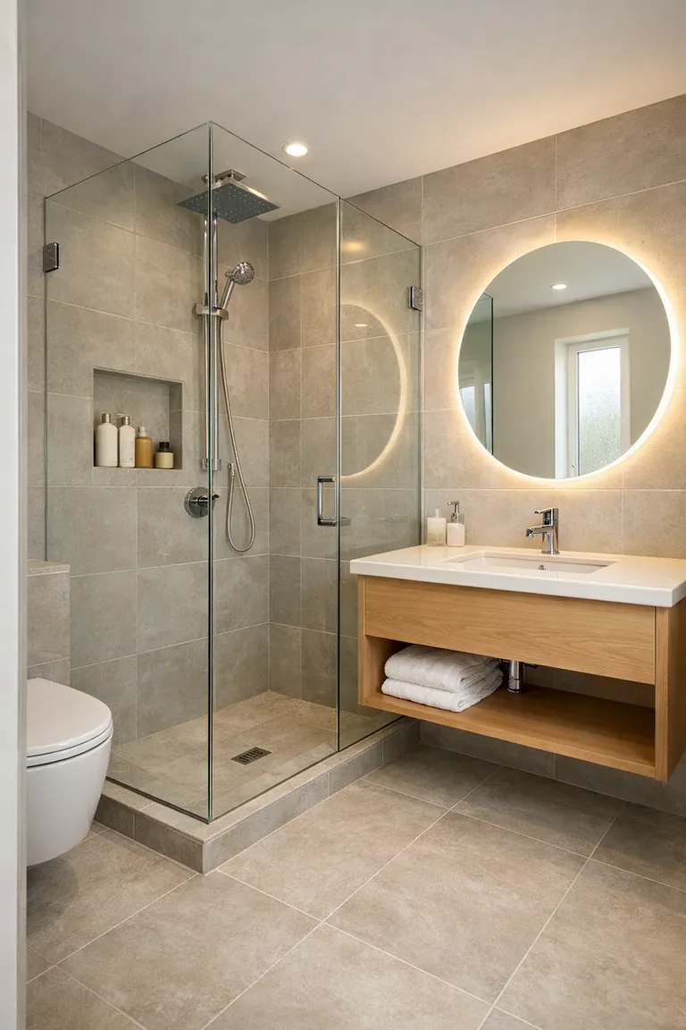 Small bathroom with a corner frameless glass shower, light gray tile, a floating white oak vanity with a round backlit mirror, and soft daylight from a frosted window.