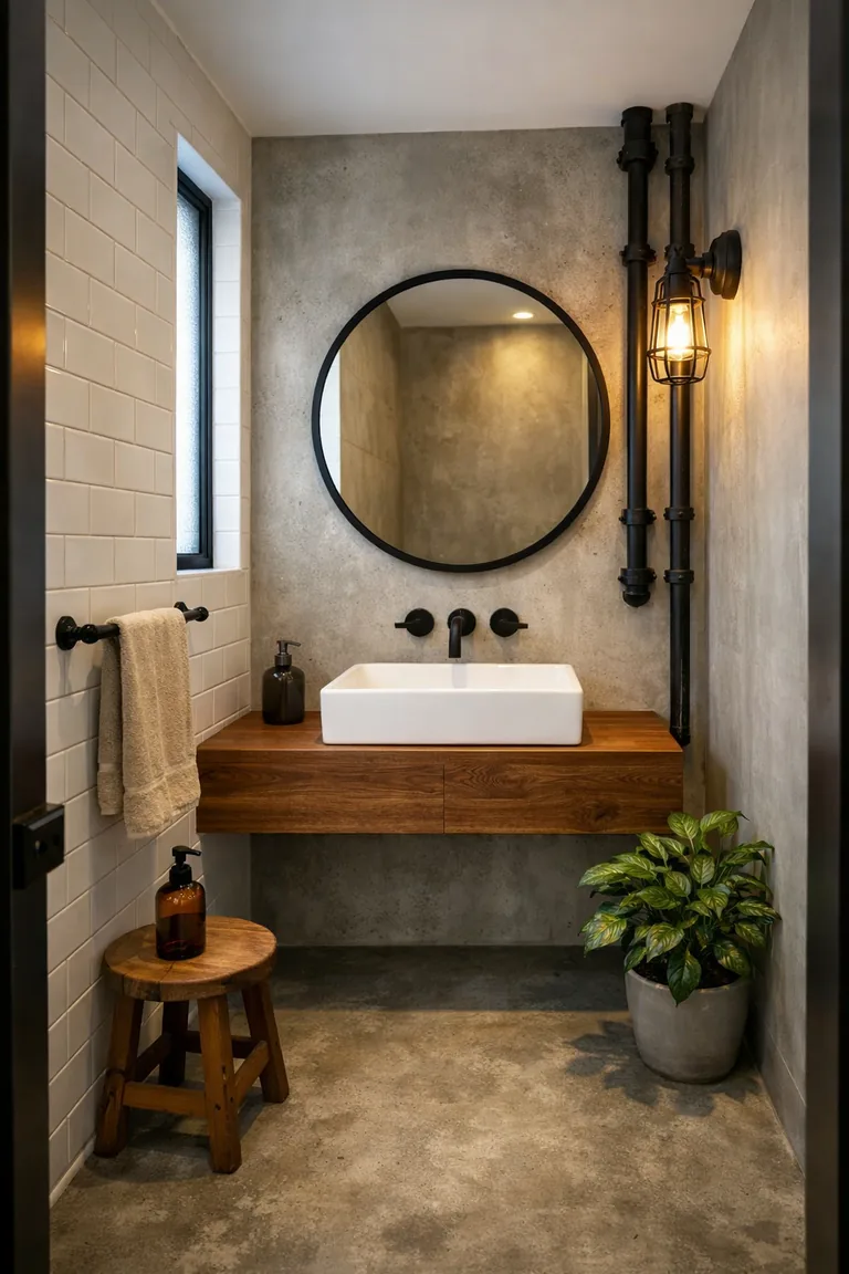 Small industrial bathroom with a walnut floating vanity, vessel sink, round black-framed mirror, exposed black pipes, concrete wall, white subway tile, and warm lighting.