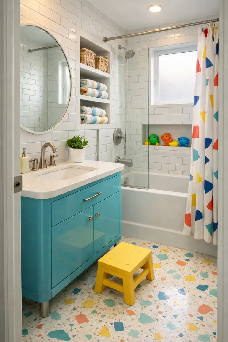 A bright small bathroom with an aqua vanity, white subway tile, pastel terrazzo floor, open shelves with baskets, a yellow step stool, and a tub-shower with a glass panel and patterned curtain.