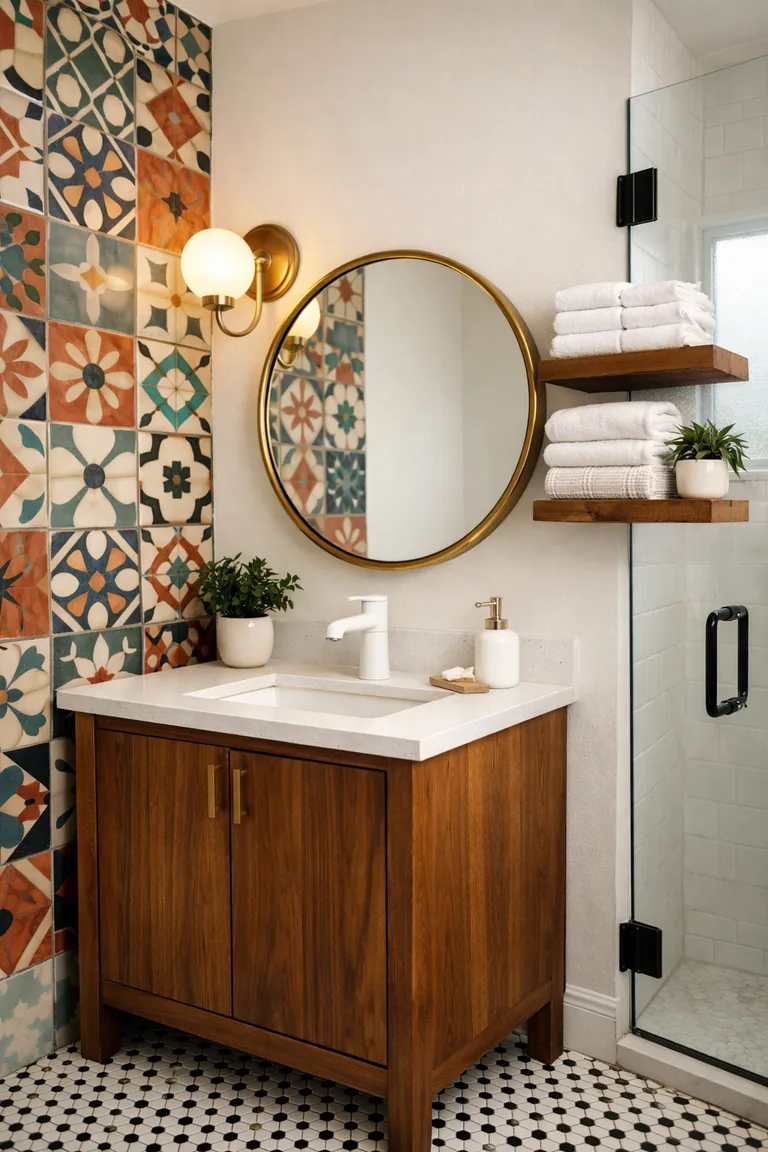 Small eclectic bathroom with a walnut vanity, white countertop, round brass mirror, colorful patterned wall tile, black-and-white hex floor tile, open shelves with towels, and a glass shower panel.