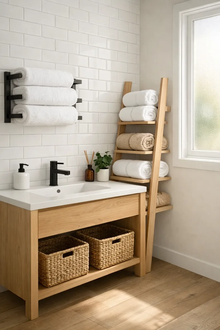 Small bathroom corner with a wall-mounted black towel rack holding folded white towels, a light-wood ladder shelf with rolled towels, and woven baskets under a light oak vanity against a white tile wall.