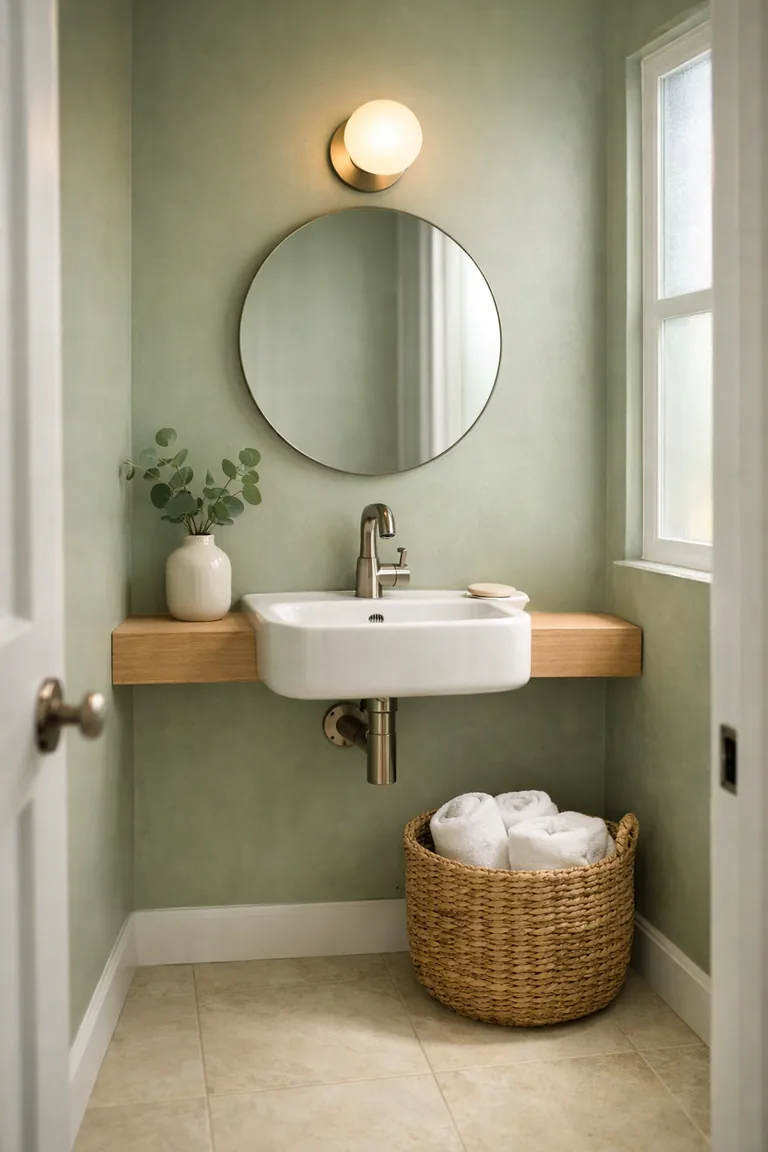 Small bathroom with sage green walls, a white wall-mounted sink, an oak floating shelf, a round frameless mirror, off-white tile flooring, a woven basket, and warm lighting with a frosted window.