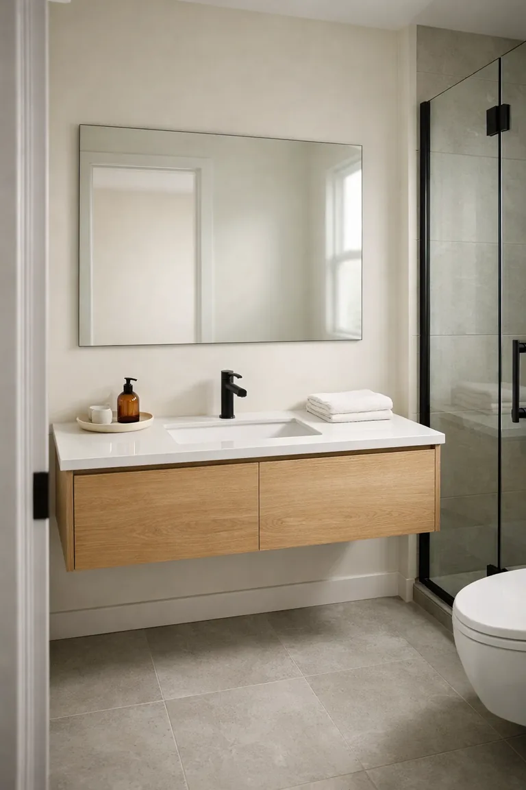 Minimalist small bathroom with a floating light oak vanity, white countertop, frameless rectangular mirror, matte black faucet, light gray tiled floor, and a glass shower enclosure.