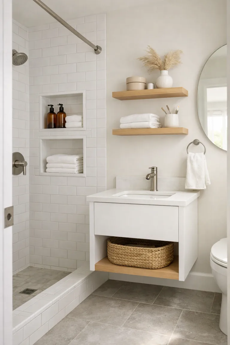 A small bathroom with built-in shower niches, light wood floating shelves, and a wall-mounted white vanity with a woven basket.