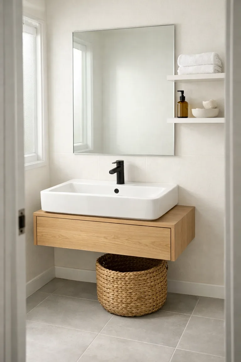 A small bathroom with a wall-mounted sink, a floating light-oak vanity drawer, a frameless mirror, and white open shelves holding towels and soap, with pale gray tile flooring and soft daylight from a frosted window.