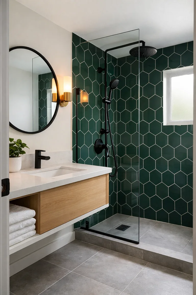 A small bathroom with a walk-in shower and a feature wall of emerald green hexagon tiles with light gray grout, a white floating vanity, round black-framed mirror, matte black fixtures, and warm brass sconces.