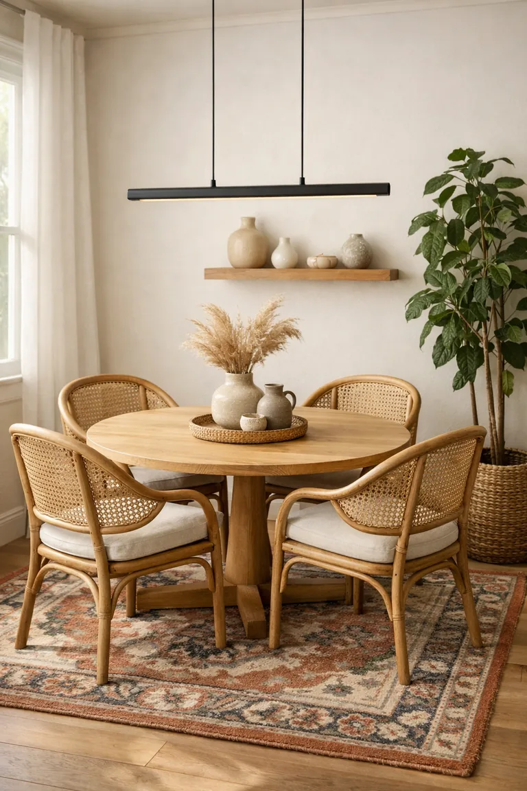 Small dining nook with a light wood round table on a patterned rug, rattan chairs with linen cushions, a black pendant light, a floating shelf with ceramics, and a leafy plant in a woven basket.