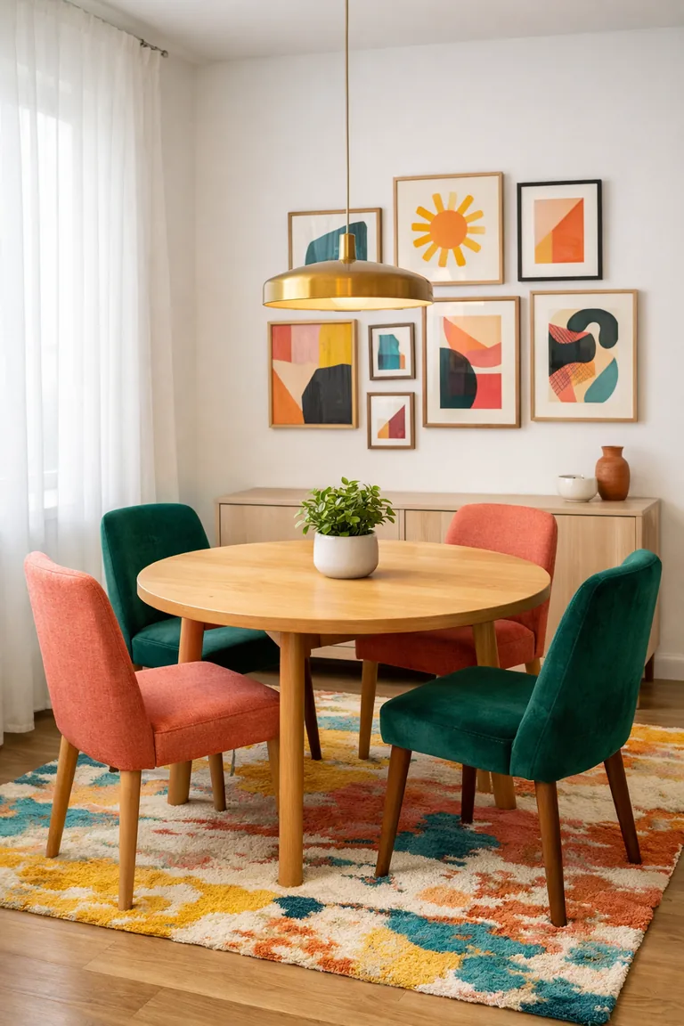 Small dining room with a round light-wood table, colorful upholstered chairs, a vibrant patterned rug, and colorful abstract framed art on a white wall under a brass pendant light.