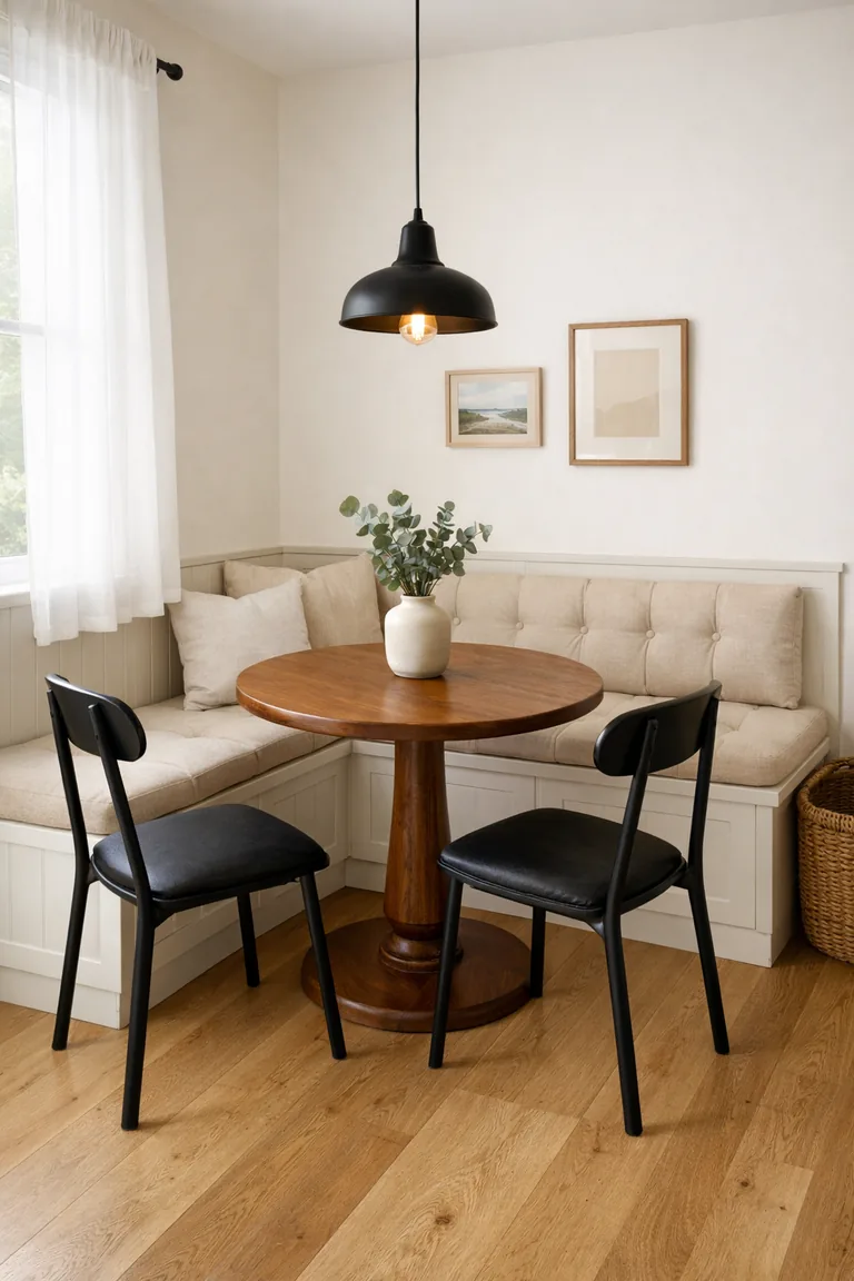 A small dining nook with an L-shaped built-in white banquette with a beige tufted cushion, a round walnut table, two black chairs, a pendant light, and a window with sheer curtains.