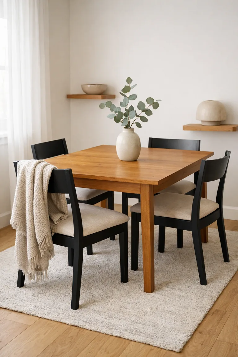 A small dining nook with a warm wood table, black modern chairs with beige cushions, a knit throw on one chair, and a simple vase on the table in soft daylight.