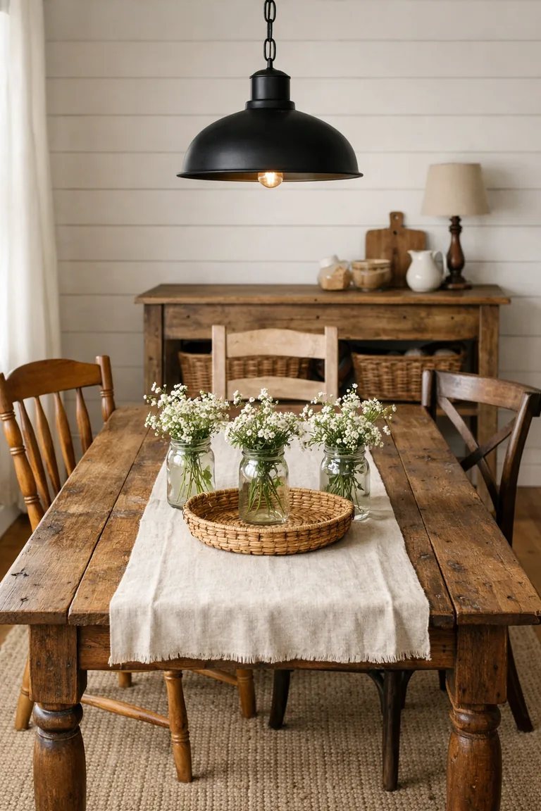 Small farmhouse dining room with a reclaimed wood table, mismatched wooden chairs, mason jar flower vases on a linen runner, shiplap wall, rustic sideboard with woven baskets, and a black pendant light.