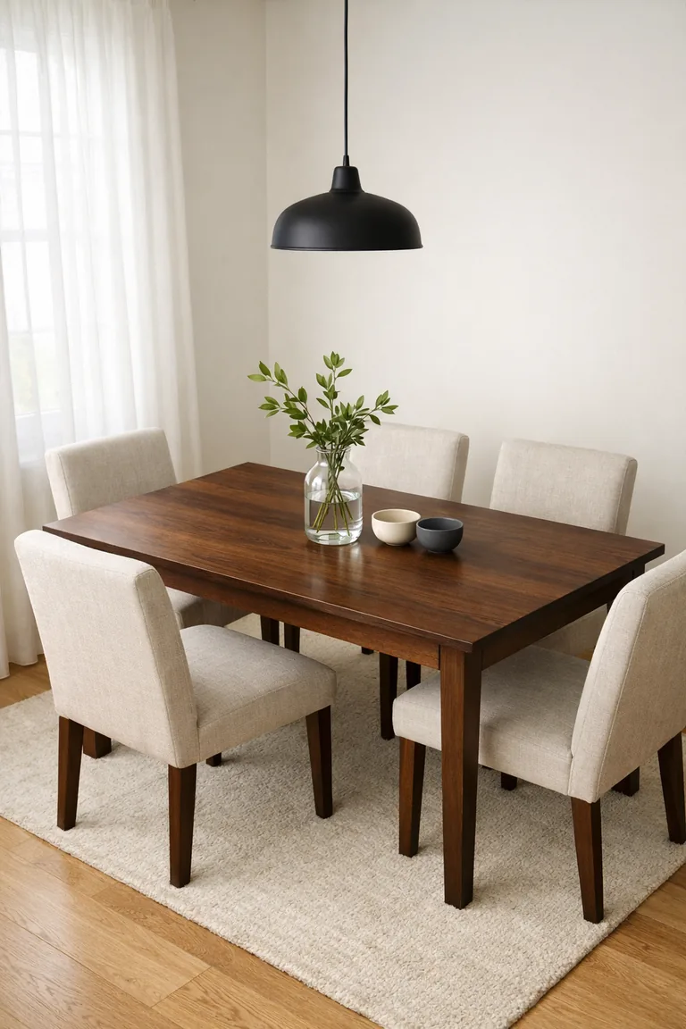 A small dining room with a dark walnut table, four beige upholstered chairs, warm white walls, a cream rug, and minimal decor lit by daylight from a window with sheer curtains.