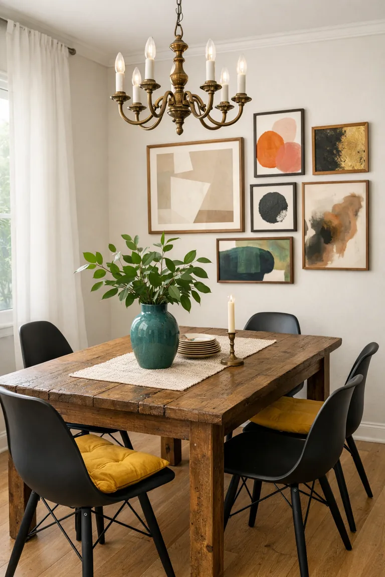 A small dining room with a rustic wood table, modern black chairs, teal vase, mustard cushions, brass chandelier, and abstract framed artwork on a warm white wall.