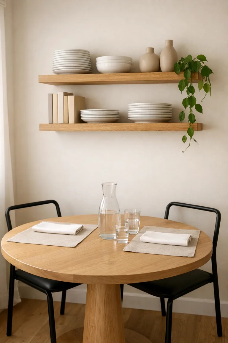 Small dining room with two light oak floating shelves above a round wood table, styled with white dishes, beige vases, cookbooks, and a trailing green plant, lit by soft daylight.