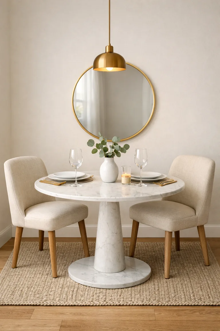 Small dining nook with a round white marble table, two beige upholstered chairs, a brushed gold pendant light, and a gold-framed round mirror above styled tableware.