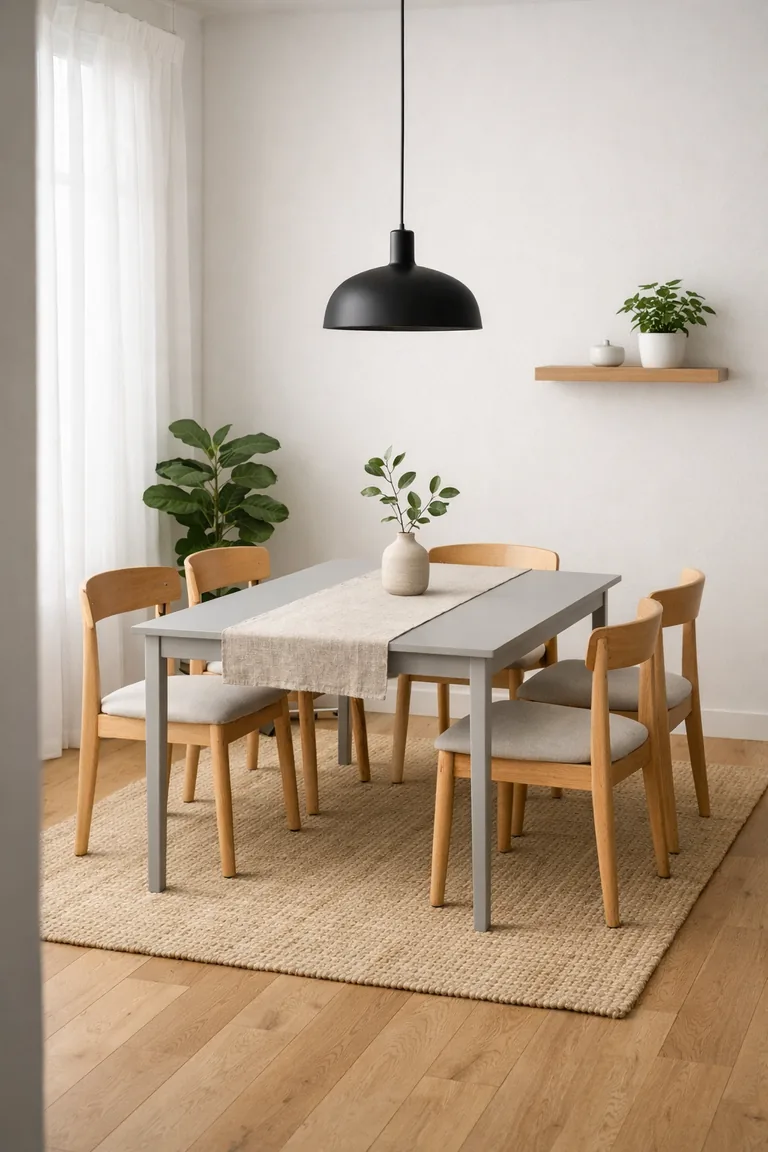 Small dining area with a light gray table, four light-oak wooden chairs, white walls, a black pendant light, a neutral runner and vase, and a couple of green plants lit by daylight from a window with sheer curtains.