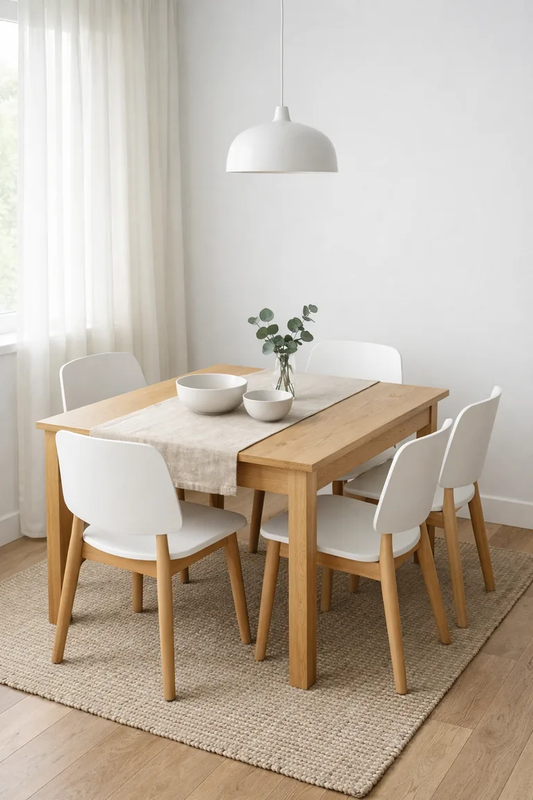 Small dining room with a light oak table, four white minimalist chairs, a beige linen runner, white ceramic bowls, and a glass vase with eucalyptus under soft daylight.