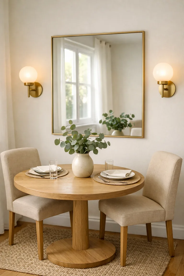 Small dining area with a round light-wood table, two beige chairs, a large brass-framed wall mirror, and two brass globe sconces on a warm-white wall.