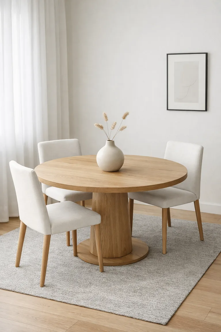 A small neutral dining area with a light-oak round table, slim white chairs, a single ceramic vase centerpiece, a light gray rug, and one framed artwork on a white wall by a window with sheer curtains.
